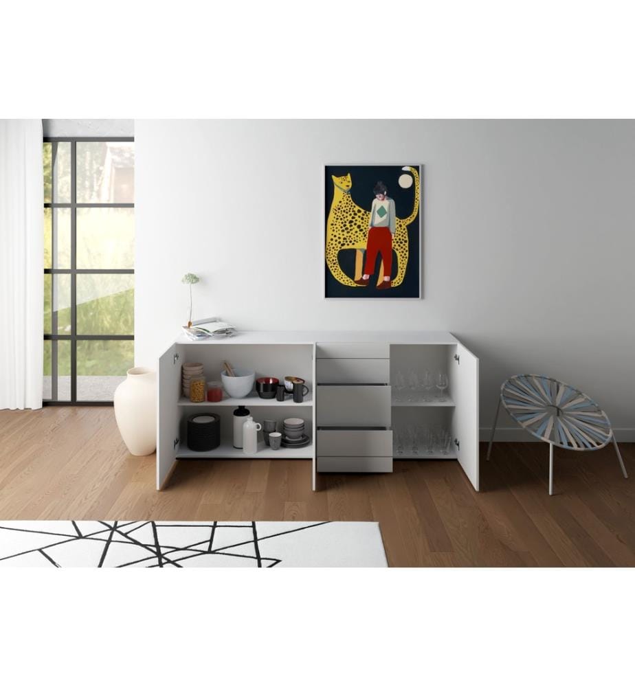 Commode 3 portes/3 tiroirs 200x40x83,5 cm Elios blanc brillant