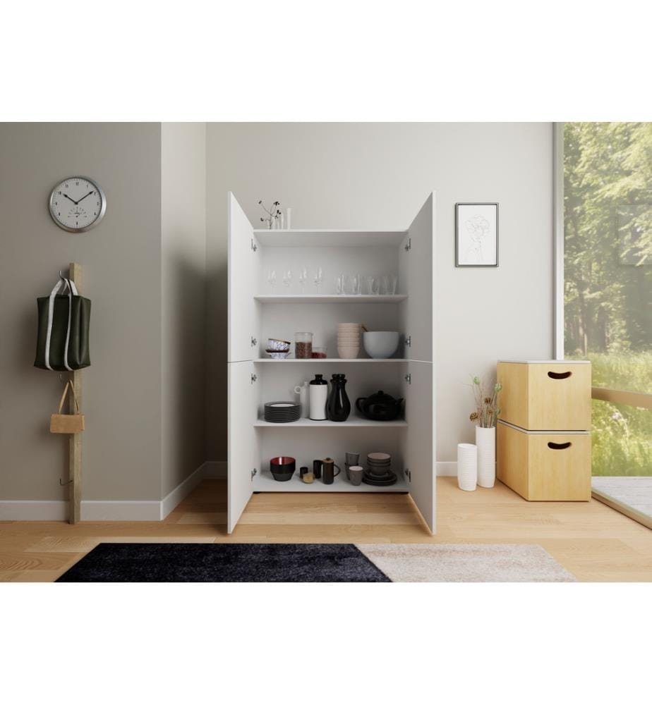 Commode haute 4 portes 100x35x165 cm Elios blanc brillant