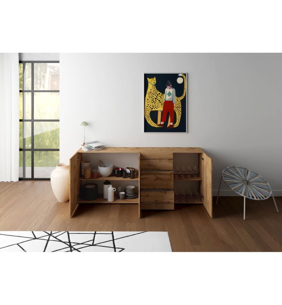Commode 3 portes/3 tiroirs 200x40x83,5 cm Elios chêne naturel