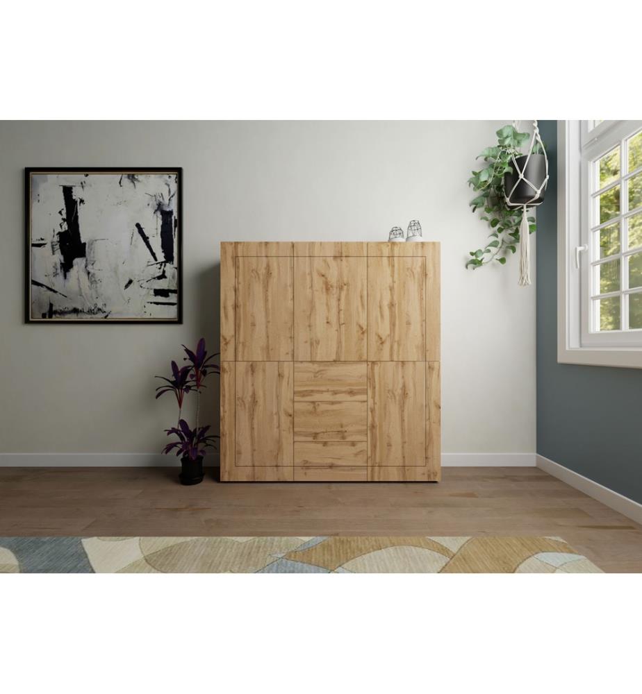 Commode haute 5 portes/3 tiroirs 150x35x165 cm Elios chêne naturel