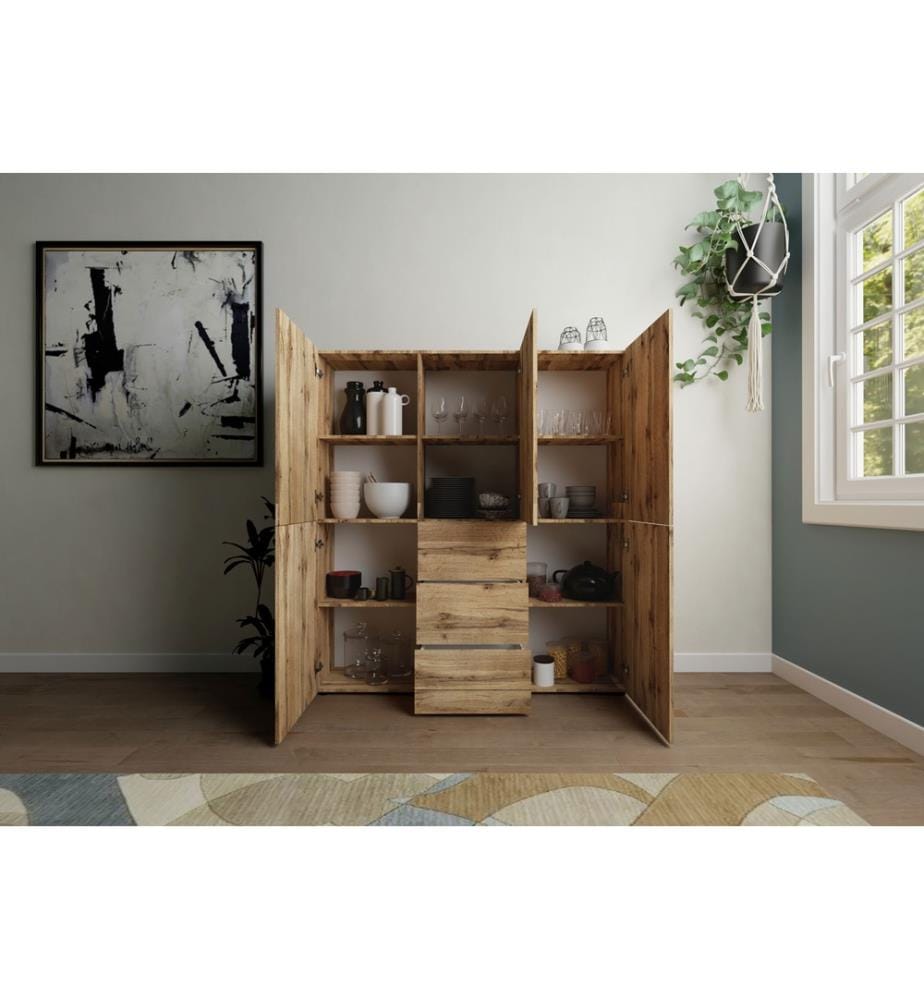 Commode haute 5 portes/3 tiroirs 150x35x165 cm Elios chêne naturel