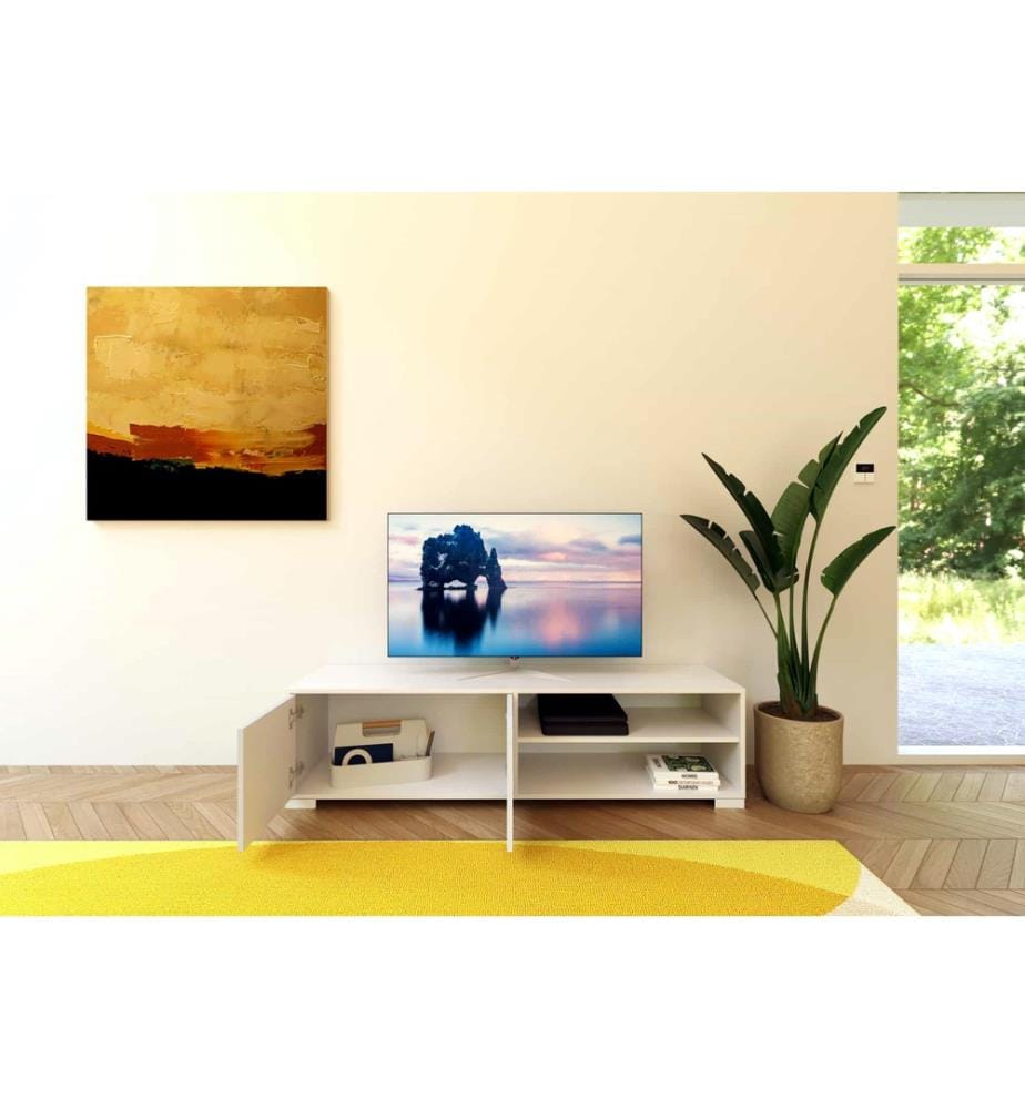 Lowboard 2 portes 2 compartiments ouverts 150x40x40 cm Lumina blanc brillant