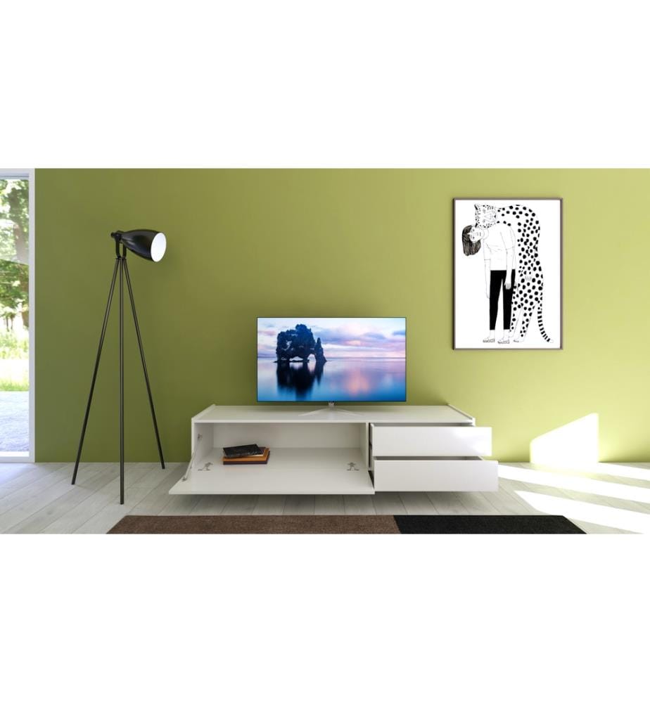 Buffet bas 1 abattant/2 tiroirs 160x42x40 cm Solaria blanc brillant