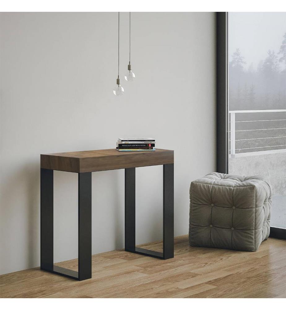 Console Extensible 90 x 40-196 cm Tecno Small - Brun Noyer avec Cadre en Fer Anthracite