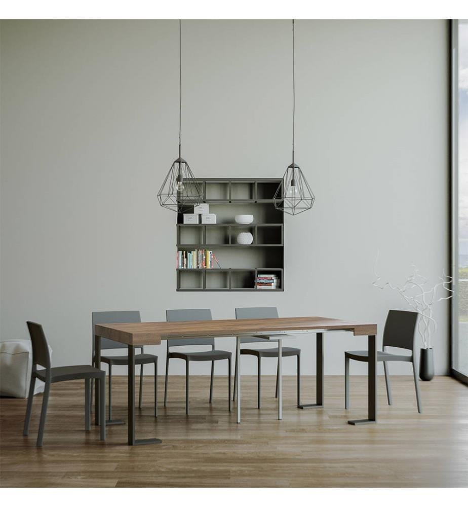 Console Extensible 90 x 40-196 cm Tecno Small - Brun Noyer avec Cadre en Fer Anthracite