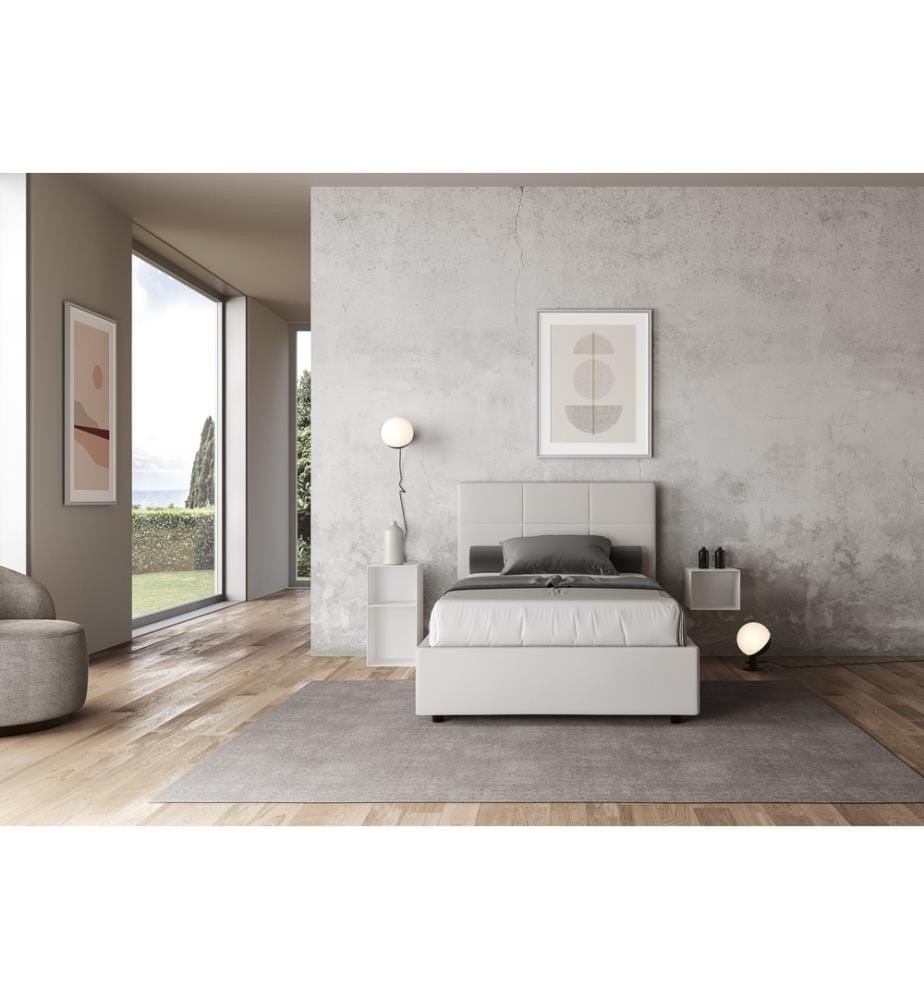 Lit rembourré avec sommier 120x200 avec housse en similicuir blanc Mika