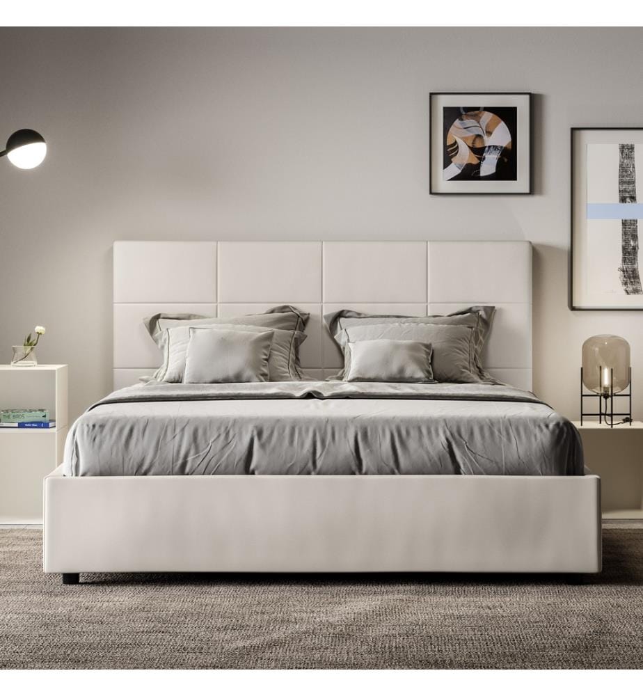 Lit rembourré avec sommier 140x200 avec housse en similicuir blanc Mika