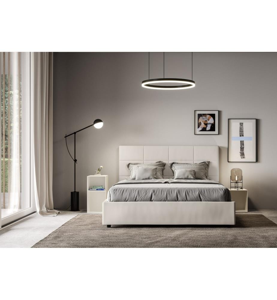 Lit rembourré avec sommier 140x200 avec housse en similicuir blanc Mika