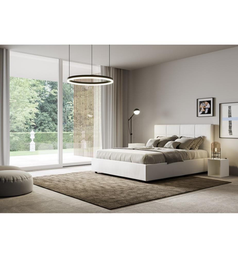 Lit rembourré avec sommier 140x200 avec housse en similicuir blanc Mika
