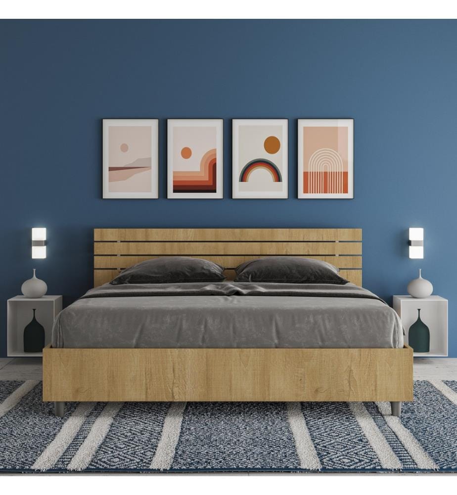 Lit avec sommier 160x200 tête droite avec lattes en bois chêne naturel Ankel