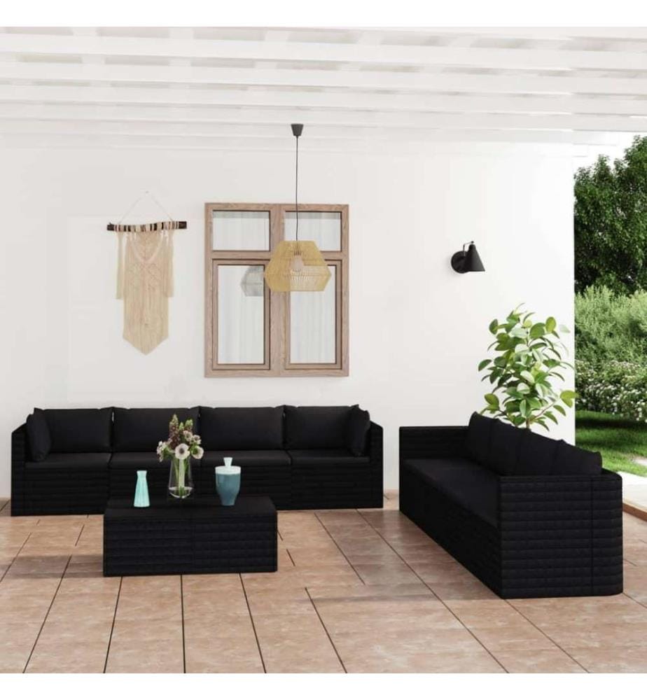 Salon de jardin 9 pcs avec coussins Résine tressée Noir