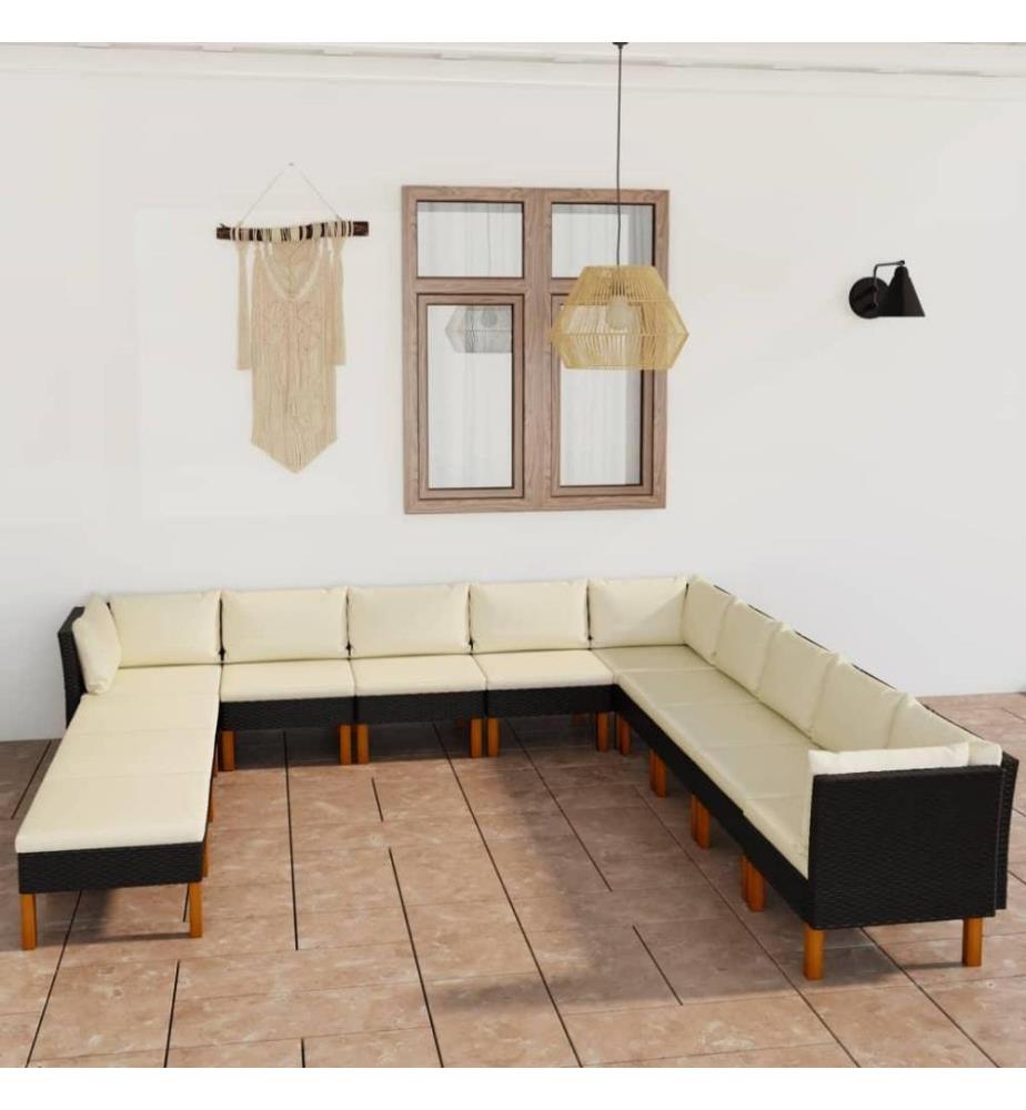 12-tlg. Garten-Lounge-Set mit Kissen Poly Rattan Schwarz