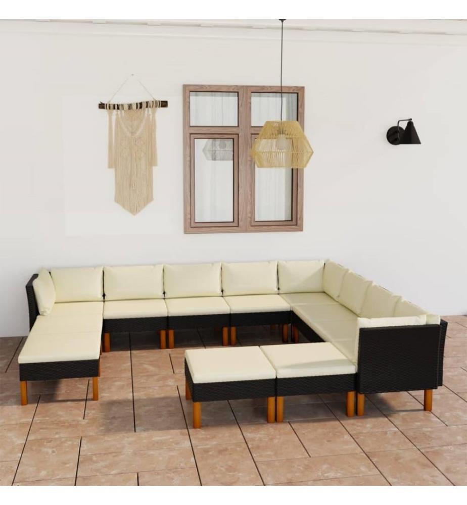 Salon de jardin 12 pcs avec coussins Résine tressée Noir