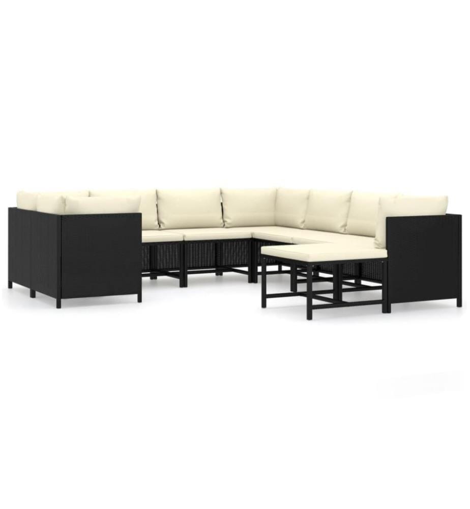 Salon de jardin 9 pcs avec coussins Résine tressée Noir