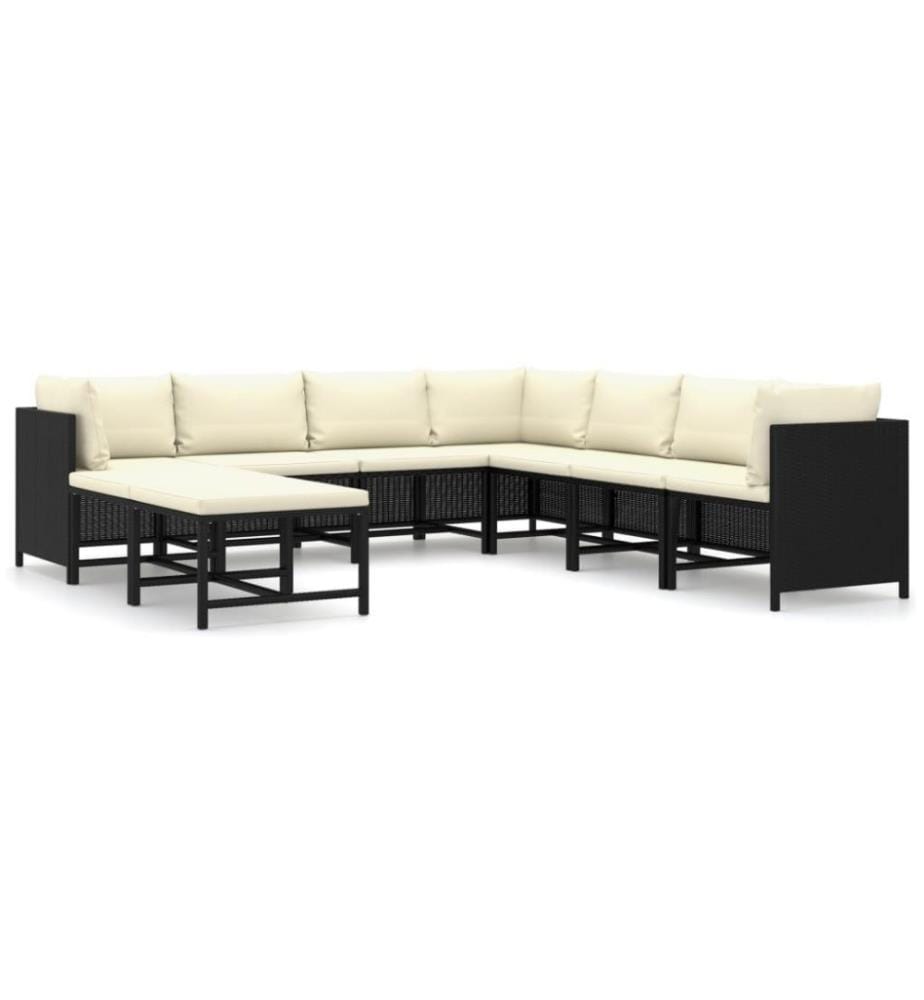 Salon de jardin 9 pcs avec coussins Résine tressée Noir
