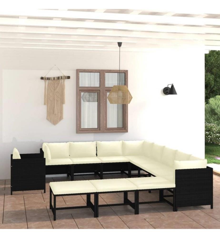 12-tlg. Garten-Lounge-Set mit Kissen Poly Rattan Schwarz