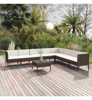 9-tlg. Garten-Lounge-Set mit Auflagen Poly Rattan Braun