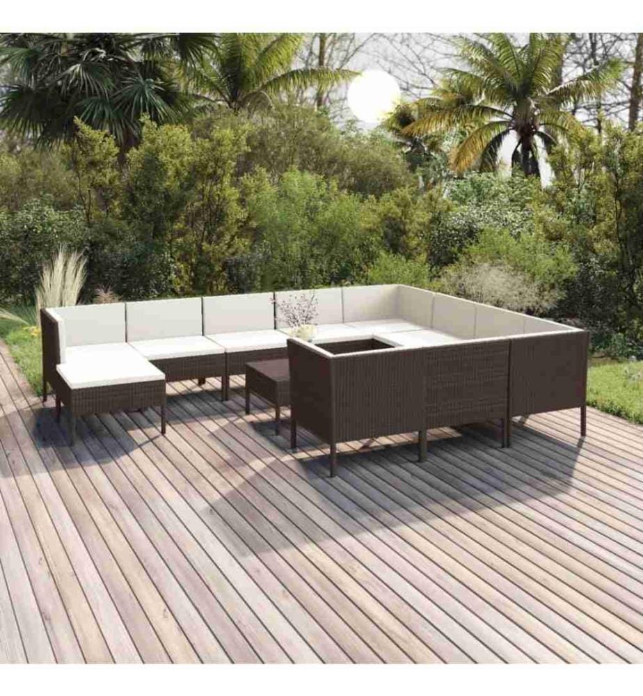 12-tlg. Garten-Lounge-Set mit Auflagen Poly Rattan Braun