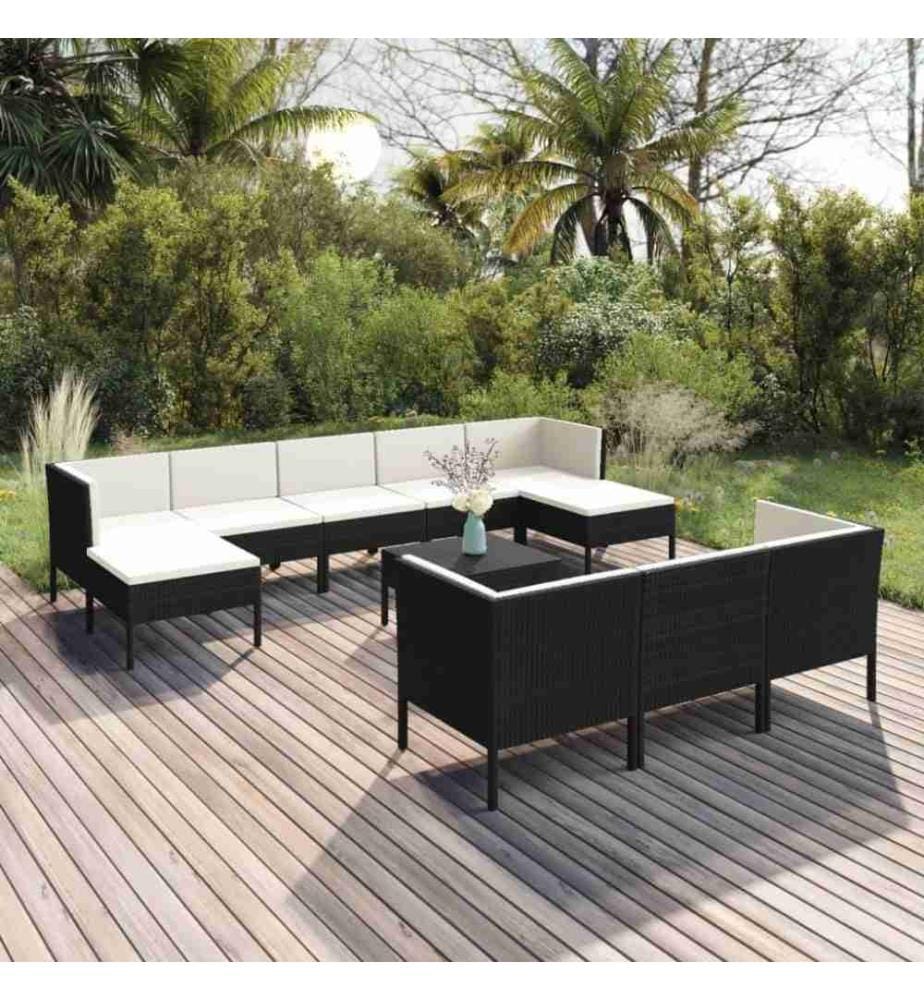 11-tlg. Garten-Lounge-Set mit Auflagen Poly Rattan Schwarz