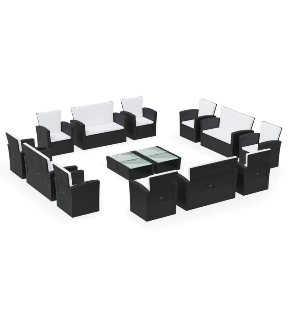 Salon de jardin 16 pcs avec coussins Résine tressée Noir