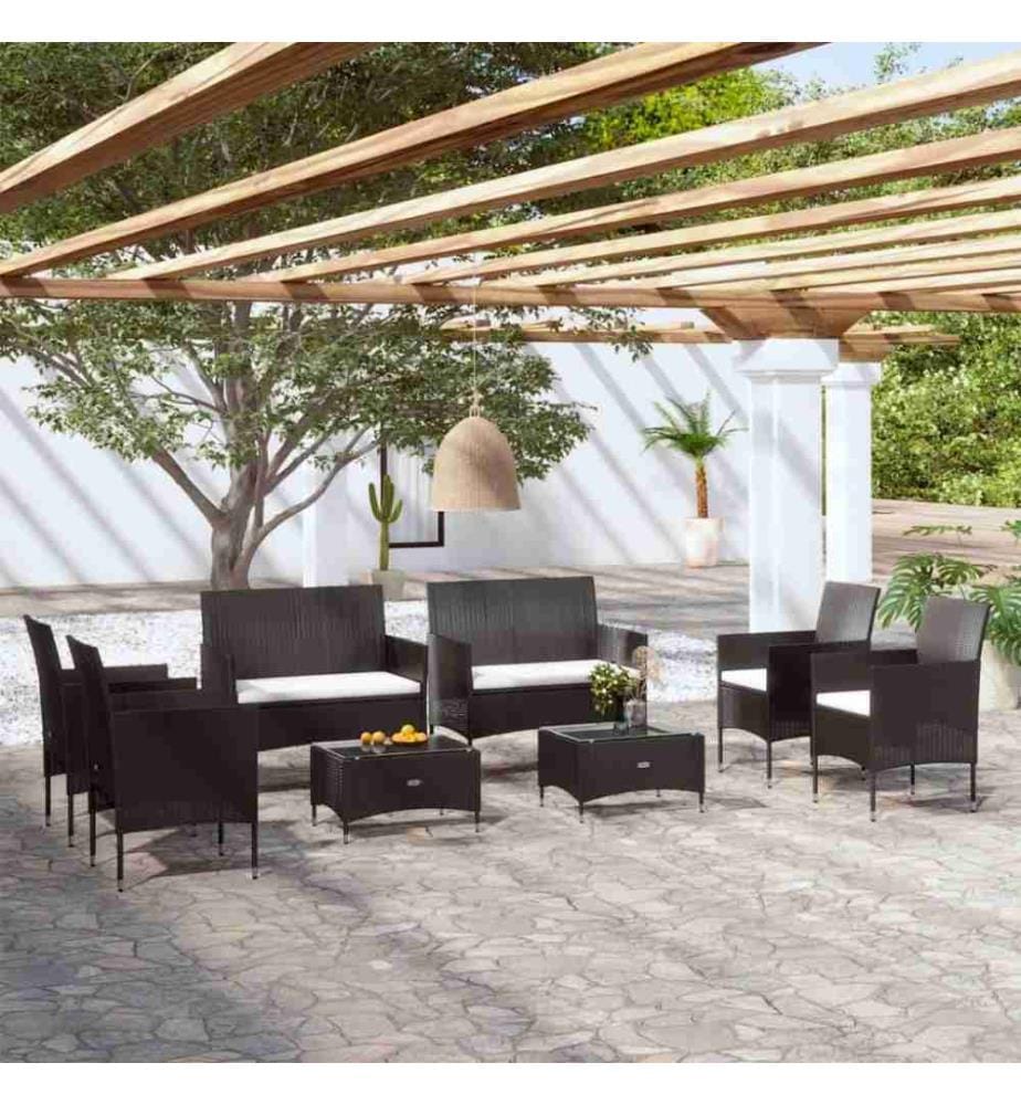 Salon de jardin 8 pcs avec coussins Résine tressée Noir