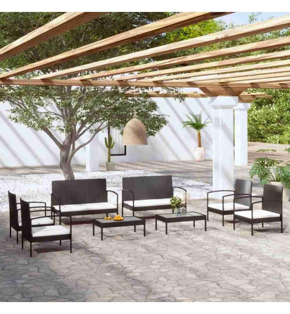Salon de jardin 8 pcs avec coussins Résine tressée Noir