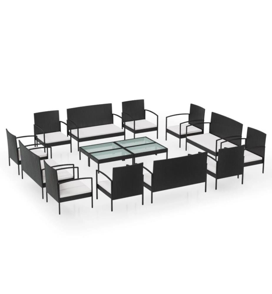 Salon de jardin 16 pcs avec coussins Résine tressée Noir