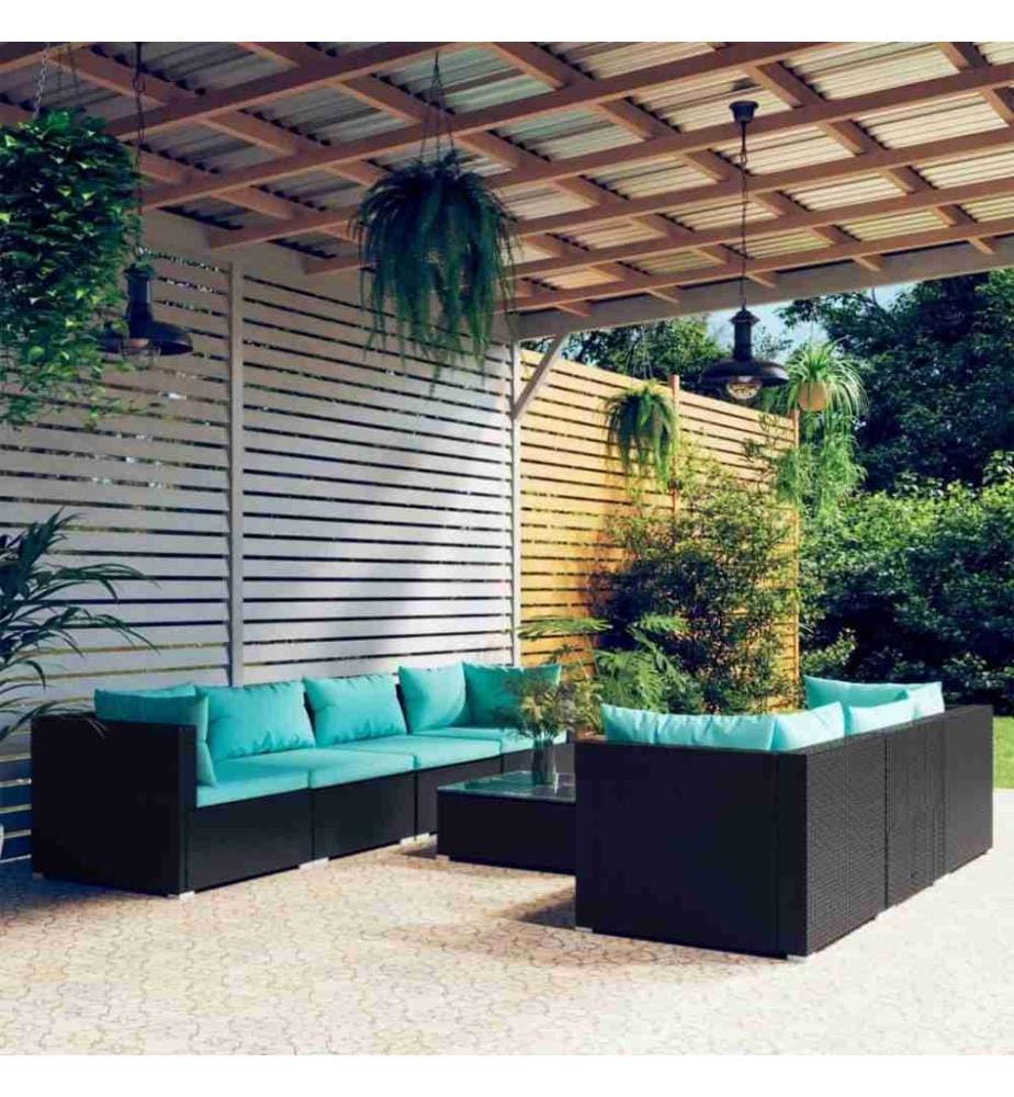 Salon de jardin 8 pcs avec coussins Résine tressée Noir