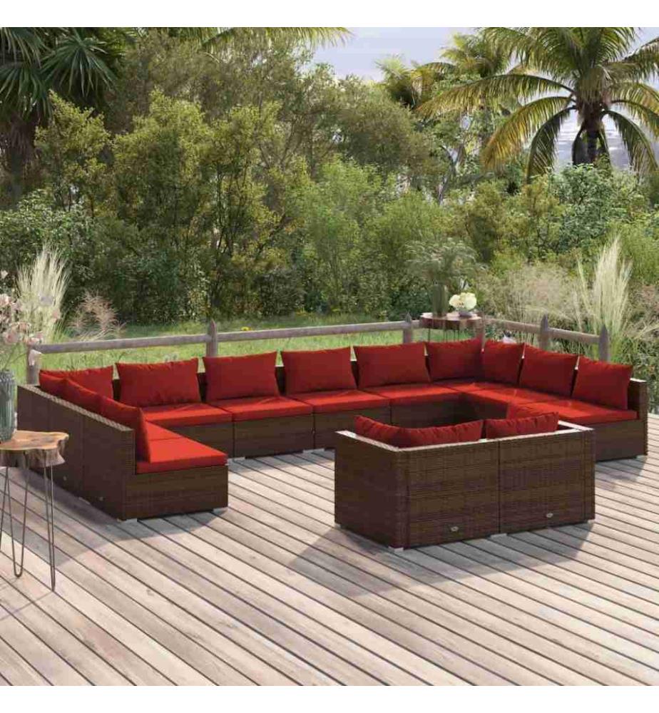 12-tlg. Garten-Lounge-Set mit Kissen Braun Poly Rattan