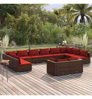 12-tlg. Garten-Lounge-Set mit Kissen Braun Poly Rattan