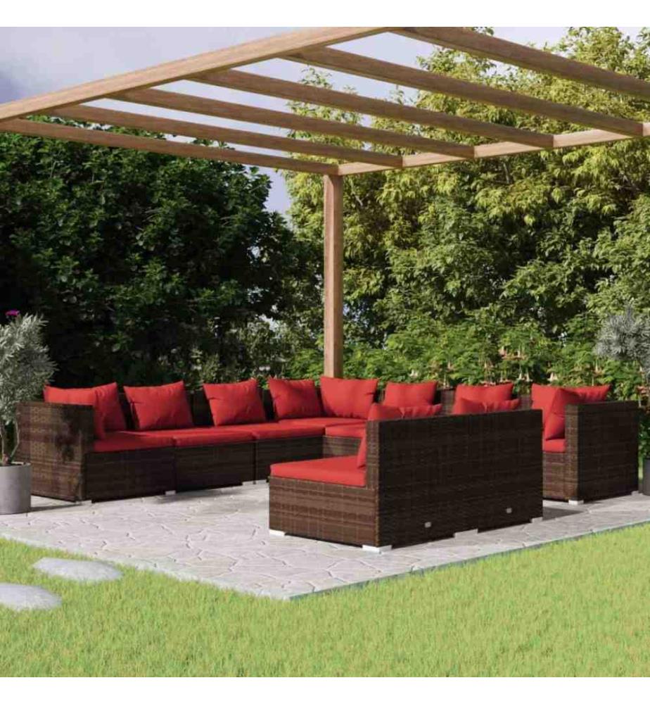 9-tlg. Garten-Lounge-Set mit Kissen Braun Poly Rattan