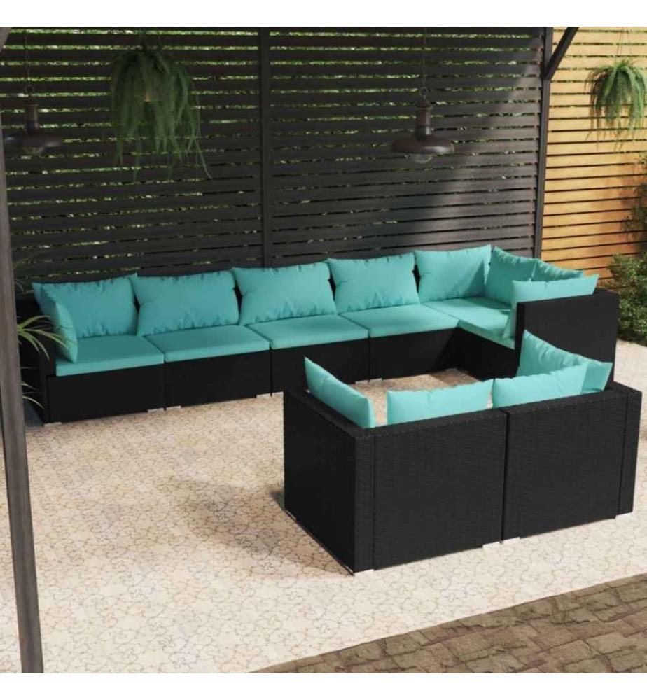 8-tlg. Garten-Lounge-Set mit Kissen Schwarz Poly Rattan