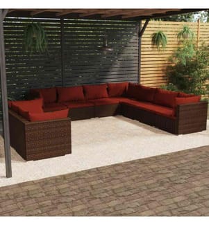 9-tlg. Garten-Lounge-Set mit Kissen Braun Poly Rattan