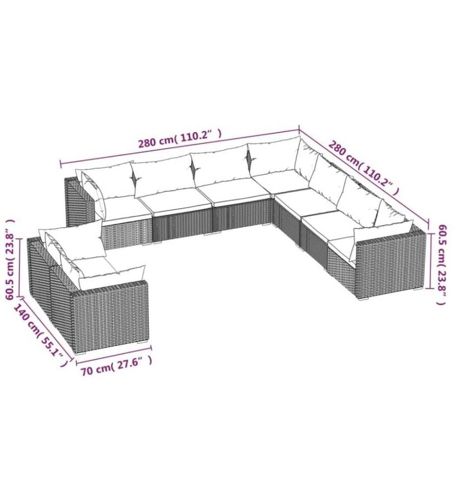 9-tlg. Garten-Lounge-Set mit Kissen Braun Poly Rattan