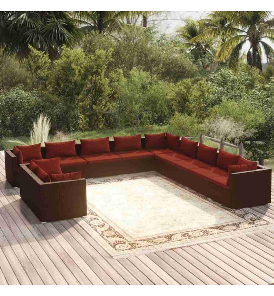 11-tlg. Garten-Lounge-Set mit Kissen Braun Poly Rattan