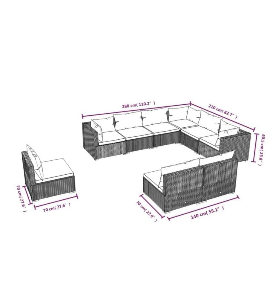 9-tlg. Garten-Lounge-Set mit Kissen Poly Rattan Braun