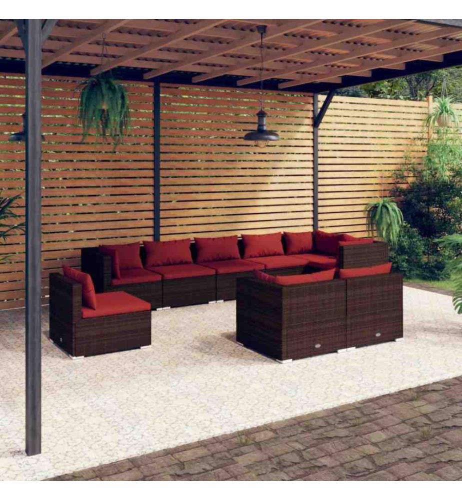 9-tlg. Garten-Lounge-Set mit Kissen Poly Rattan Braun