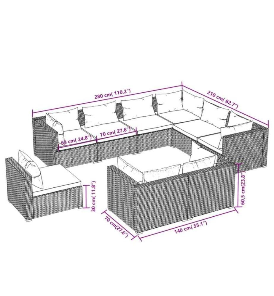 9-tlg. Garten-Lounge-Set mit Kissen Poly Rattan Braun
