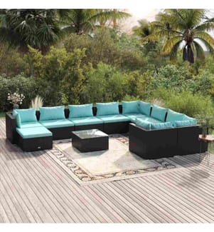 11-tlg. Garten-Lounge-Set mit Kissen Poly Rattan Schwarz