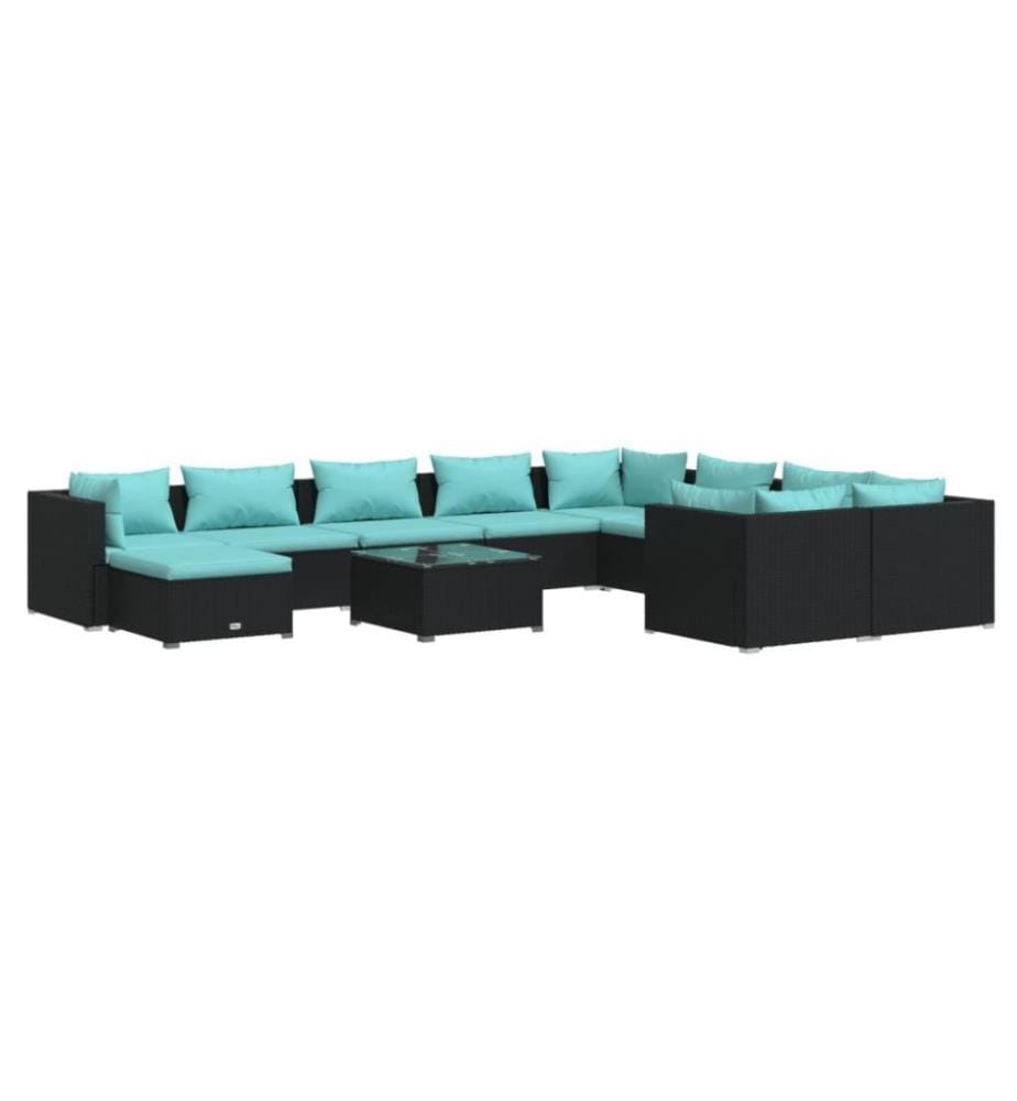 11-tlg. Garten-Lounge-Set mit Kissen Poly Rattan Schwarz