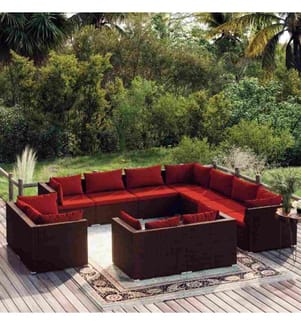 11-tlg. Garten-Lounge-Set mit Kissen Braun Poly Rattan