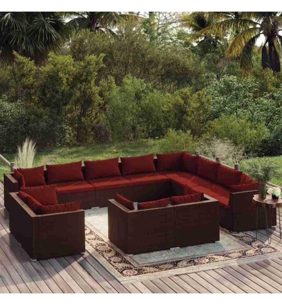 12-tlg. Garten-Lounge-Set mit Kissen Braun Poly Rattan