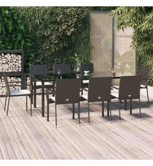 9-tlg. Garten-Essgruppe mit Kissen Schwarz Poly Rattan
