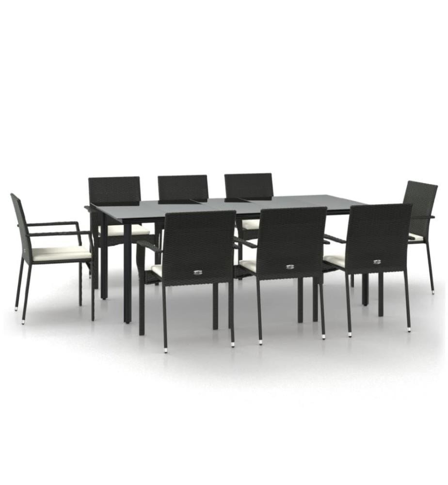 9-tlg. Garten-Essgruppe mit Kissen Schwarz Poly Rattan