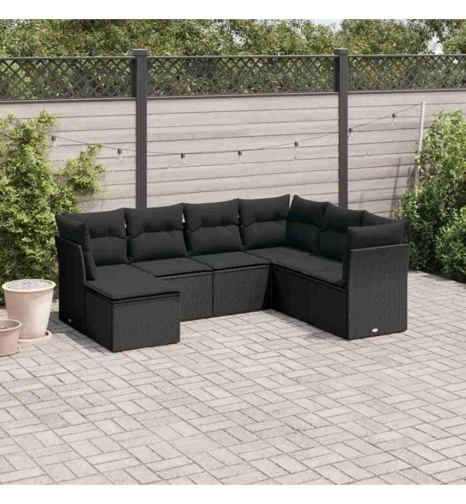 7-tlg. Garten-Sofagarnitur mit Kissen Schwarz Poly Rattan