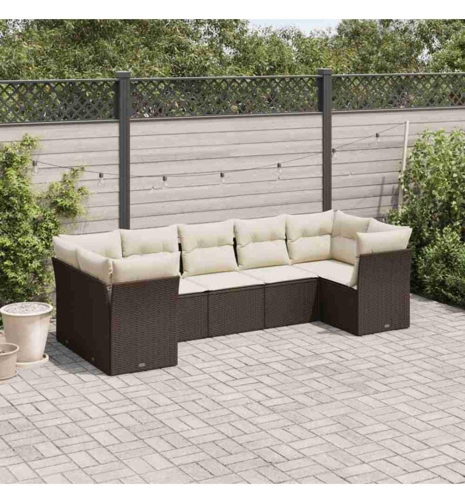 7-tlg. Garten-Sofagarnitur mit Kissen Braun Poly Rattan