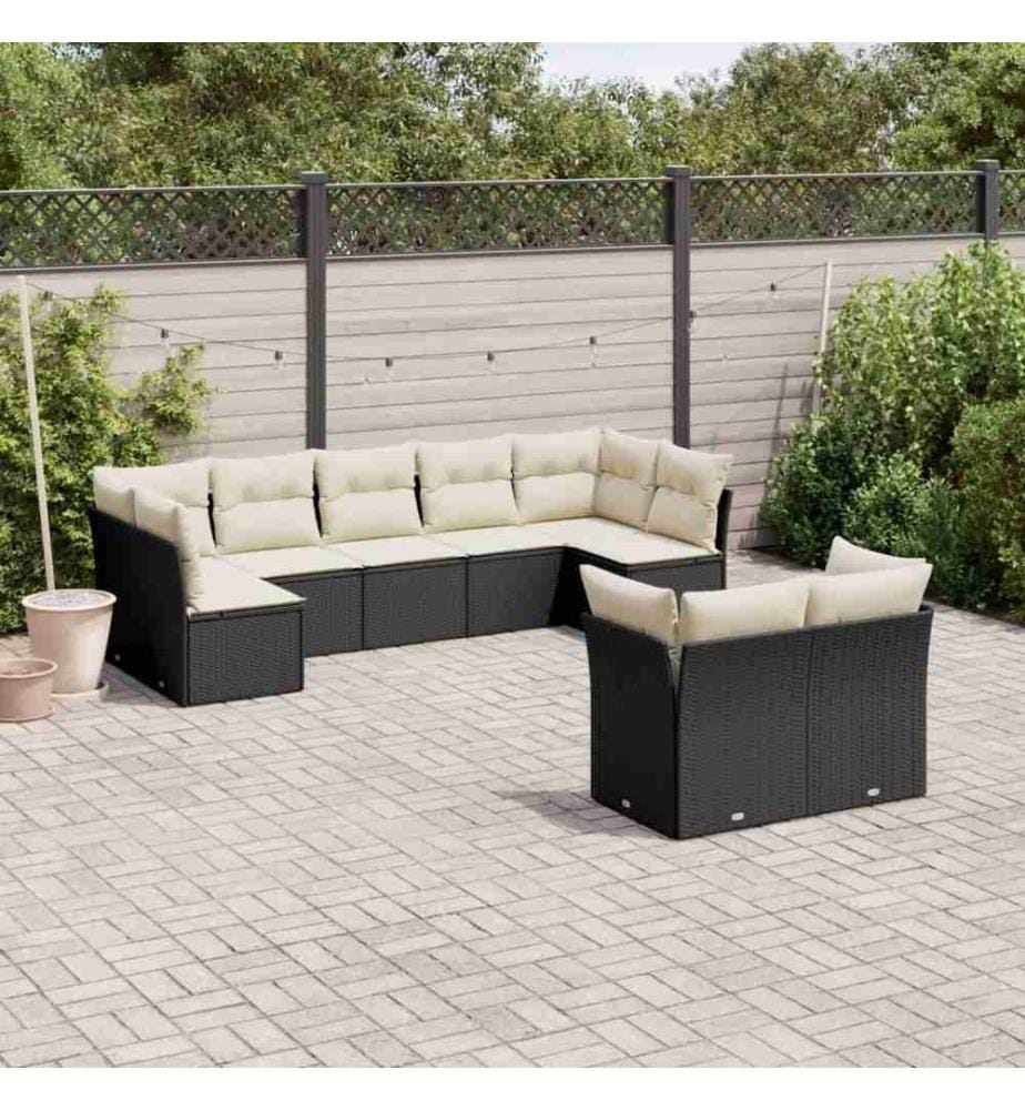 Salon de jardin 9 pcs avec coussins noir résine tressée