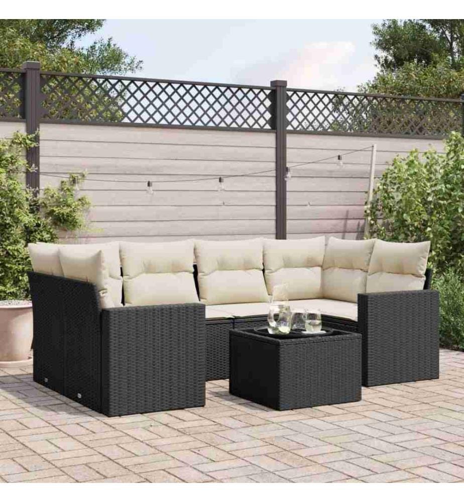 7-tlg. Garten-Sofagarnitur mit Kissen Schwarz Poly Rattan