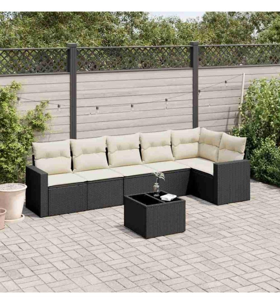 Salon de jardin 7 pcs avec coussins noir résine tressée