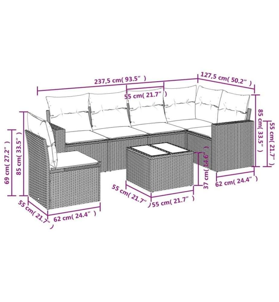 7-tlg. Garten-Sofagarnitur mit Kissen Schwarz Poly Rattan